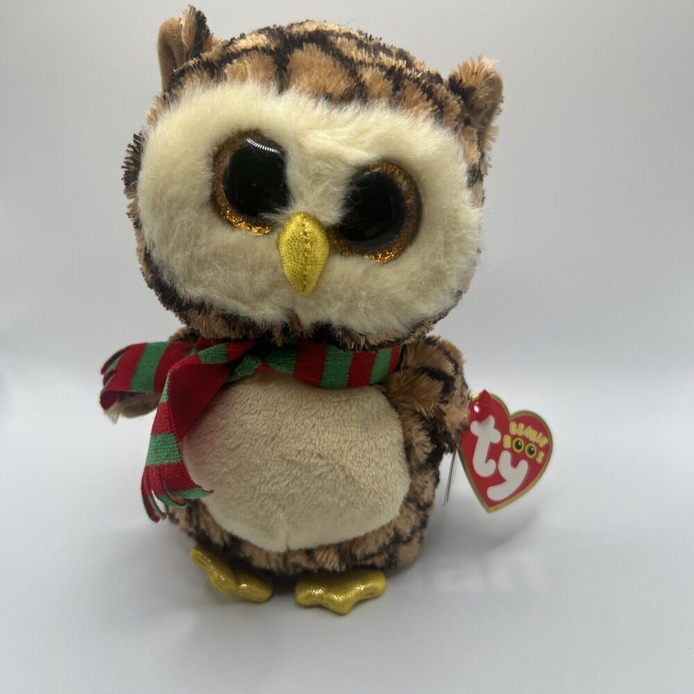 TY WISE OWL W/SCARF 6" BEANIE BOOS-NEW, W/ TAG *